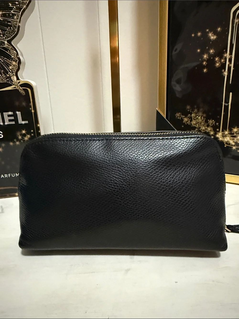 Coach Black Pebbled Leather Toiletry Case with Gold Logo